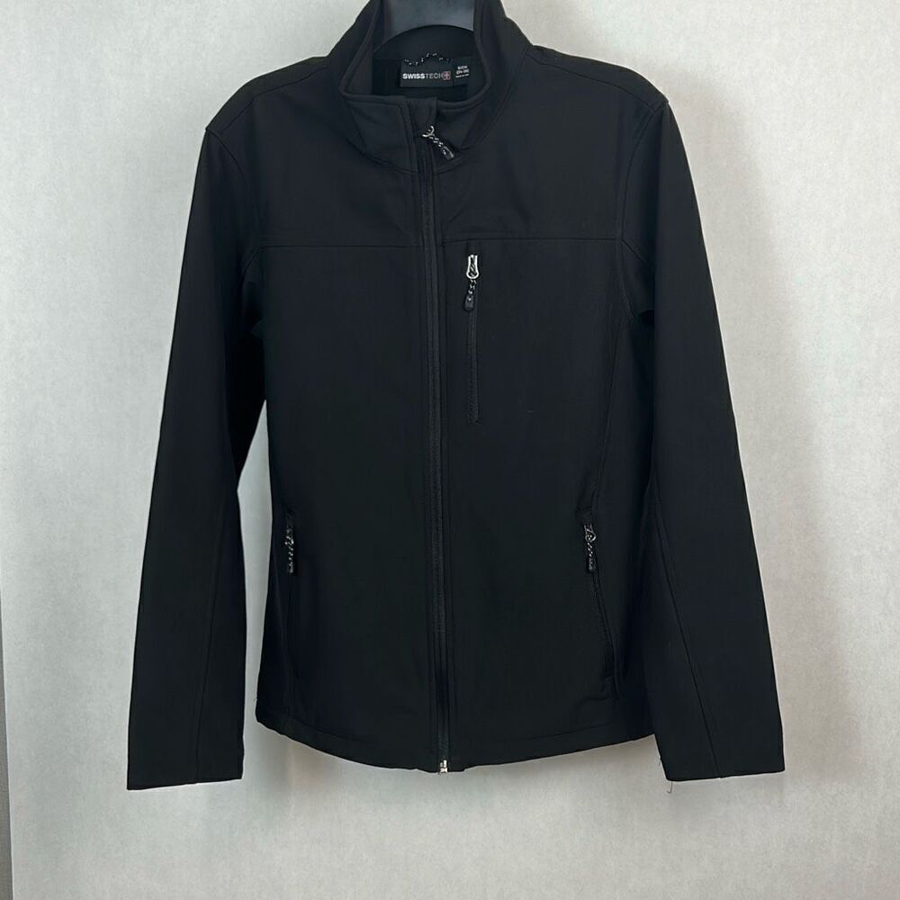 Swiss Tech Mens Softshell Jacket Sz Small Black Front Zip Hand Pockets